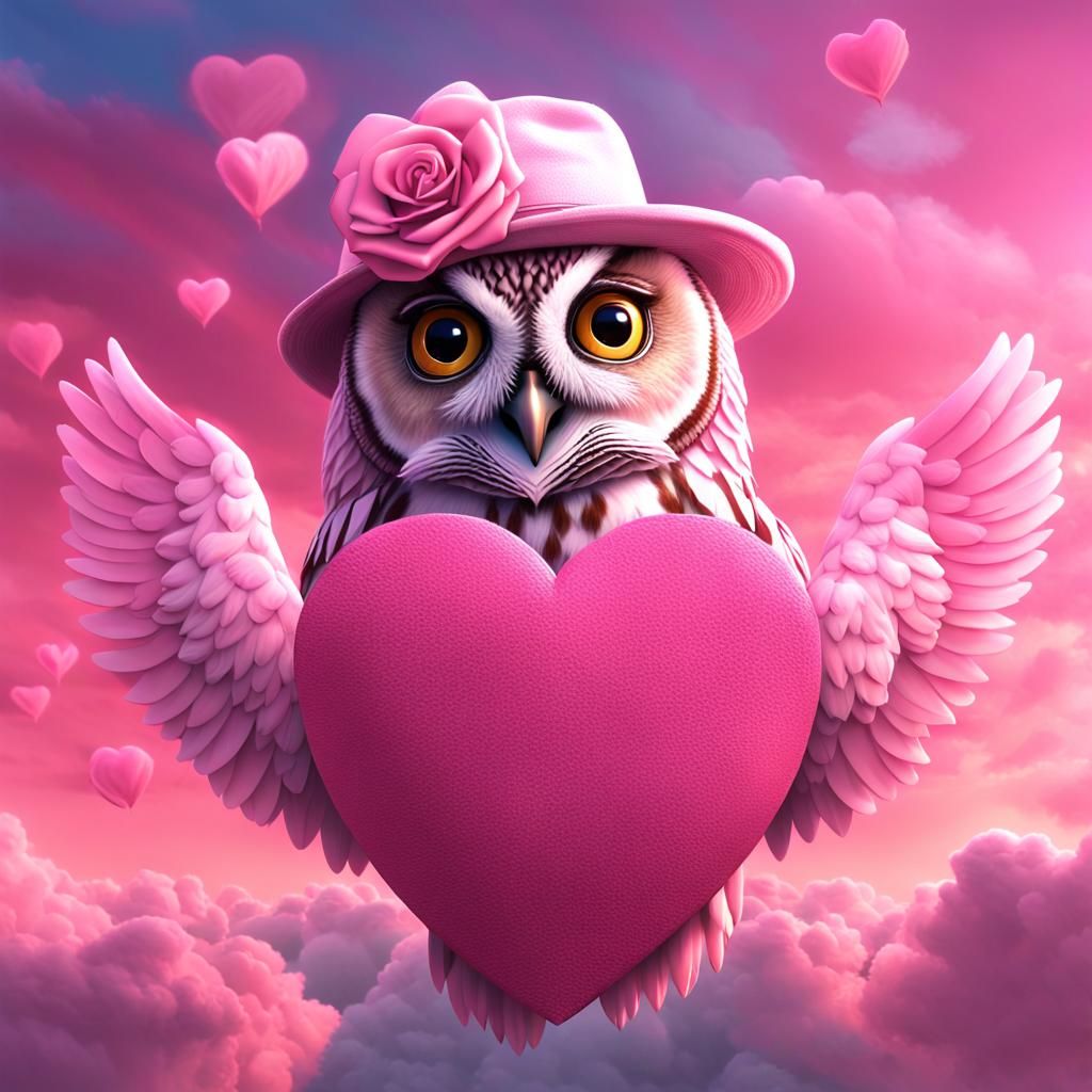 A pink lovely female Owl wearing a pink fedora hat. 🦉🥰