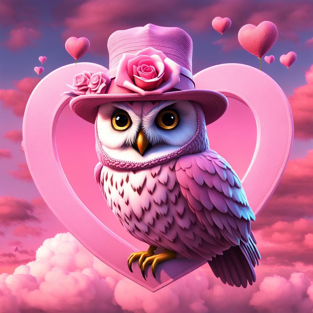 A pink lovely female Owl wearing a pink fedora hat. 🦉🥰