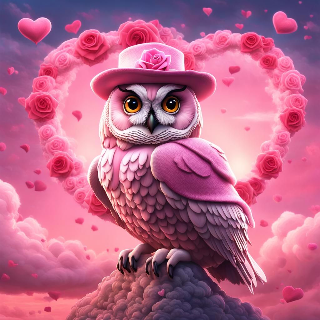 A pink lovely female Owl wearing a pink fedora hat. 🦉🥰