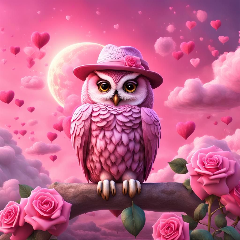 A pink lovely female Owl wearing a pink fedora hat. 🦉🥰