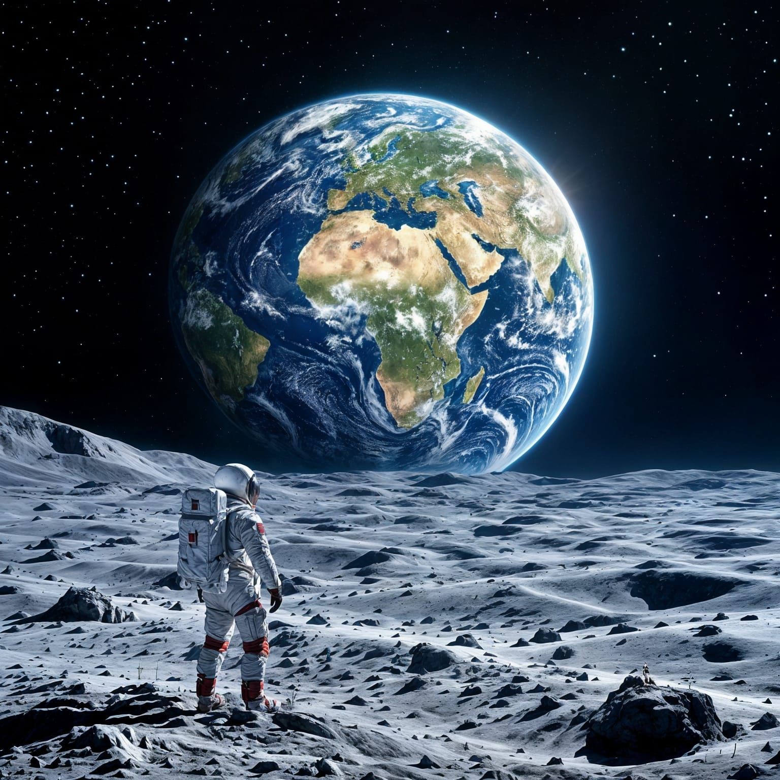 A lone astronaut gazes upon a vibrant, thriving Earth from the surface of the moon 2  by @Queen274