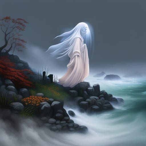 Kawa-No-Kami ghost from Japanese mythology, steam effects, foggy weather, river  by @19ck3d79