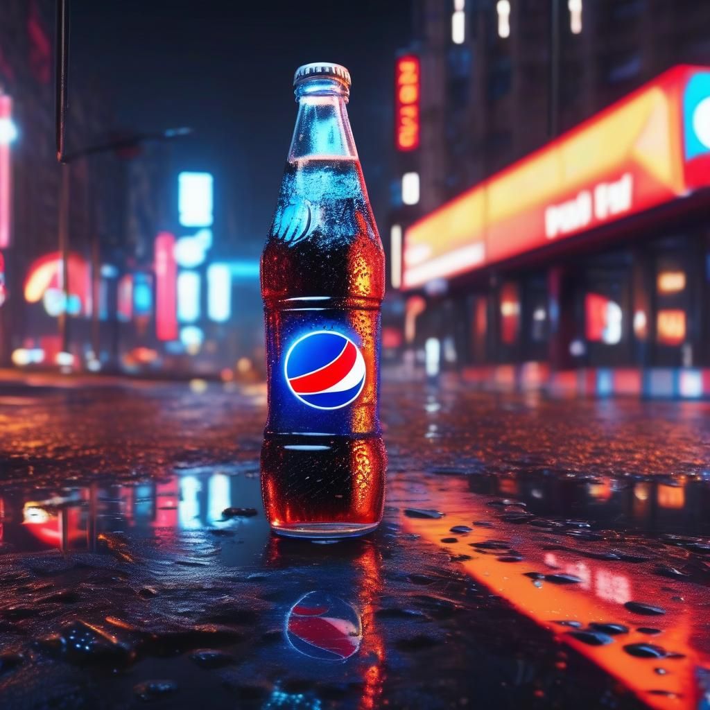 Pepsi cola brand neon ad reflected in puddles of a big night...