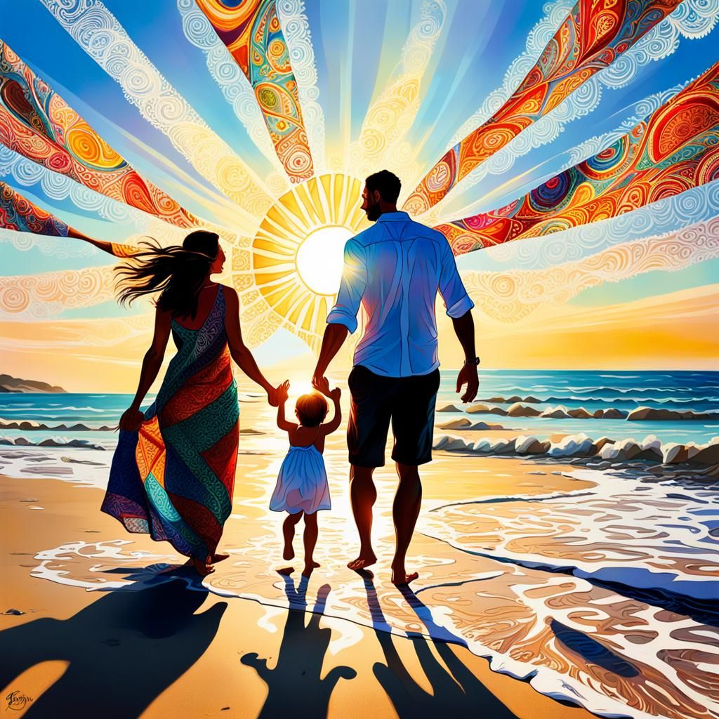 A glorious scene at a beach of a young family that captures the joy and purity of the moment, with the ...  by @Wildstorm