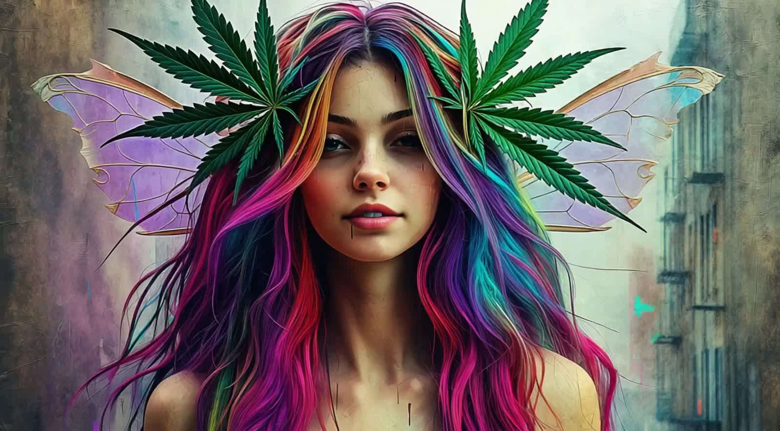 A serene fairy's profile blends photorealistic portraiture with abstract expressionism, set against a textured urban bac...