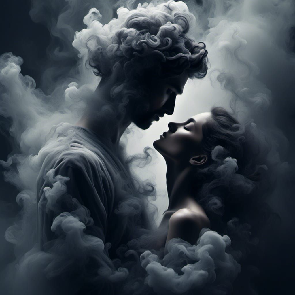 Spectral Smoke Art: Ghostly Kiss in Grayscale