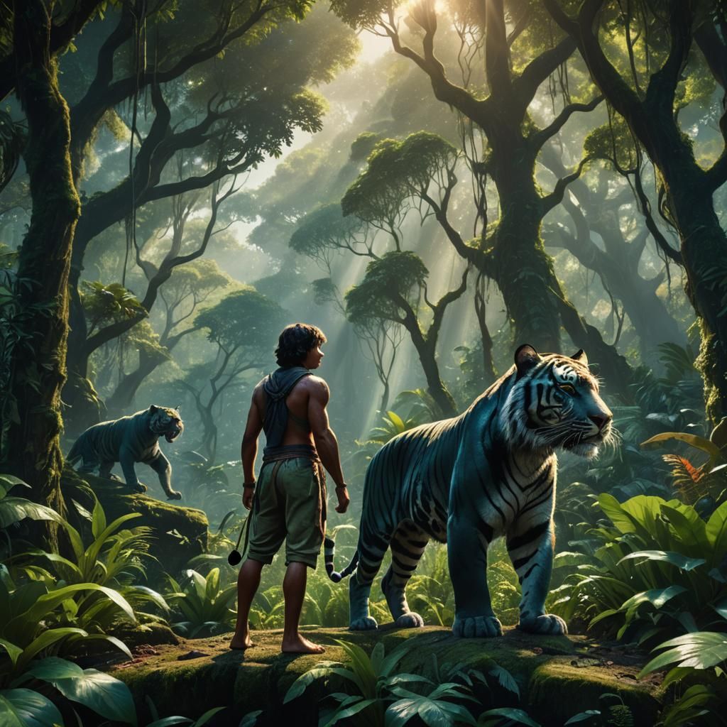 A Mowgli in jungle with black tiger