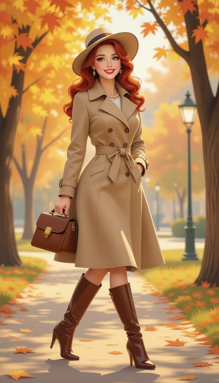 A young beautiful charming adorable happy hourglass figure redhead tradwife is walking in a park during a beautiful autumn say. She is weari...
