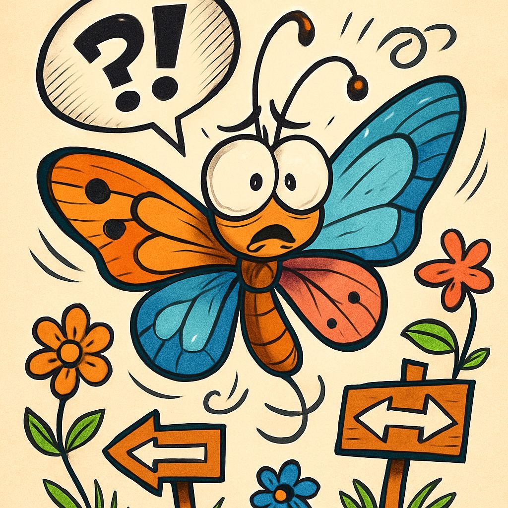 Cartoon Butterfly's Confusing Flight in Comic Style