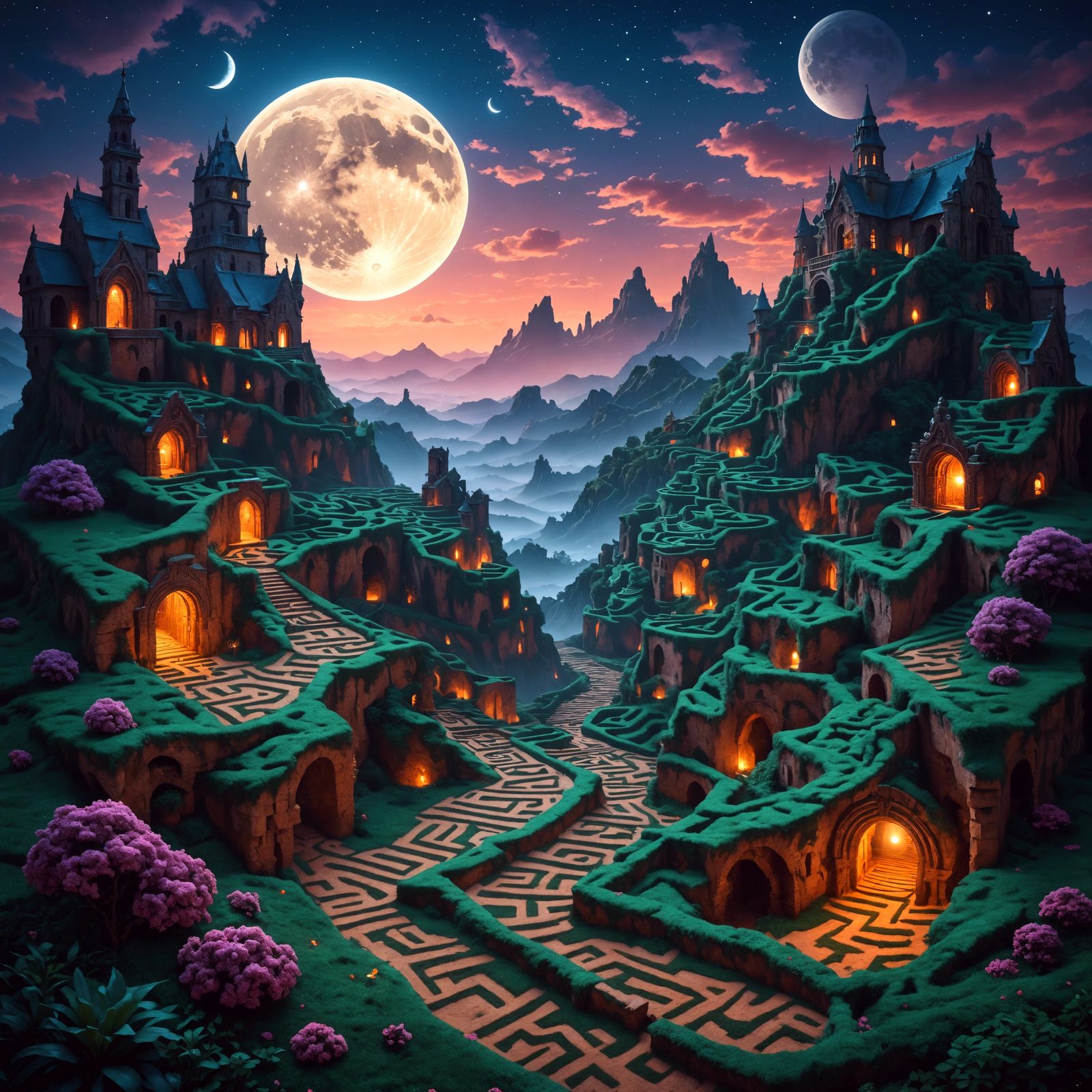 Fantasy Landscapes - Moonlit Mystical Maze Village  (creativ...