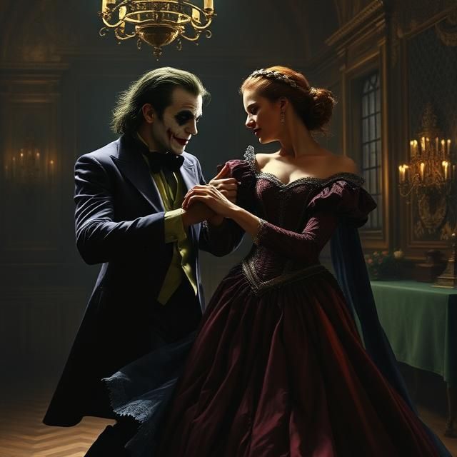 THE JOKER AND THE QUEEN DANCING IN A DIMLY LIT BALLROOM, THE...