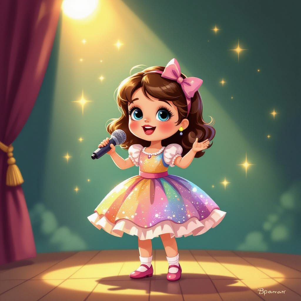 Joyful Doll Sings on Stage in Storybook Style