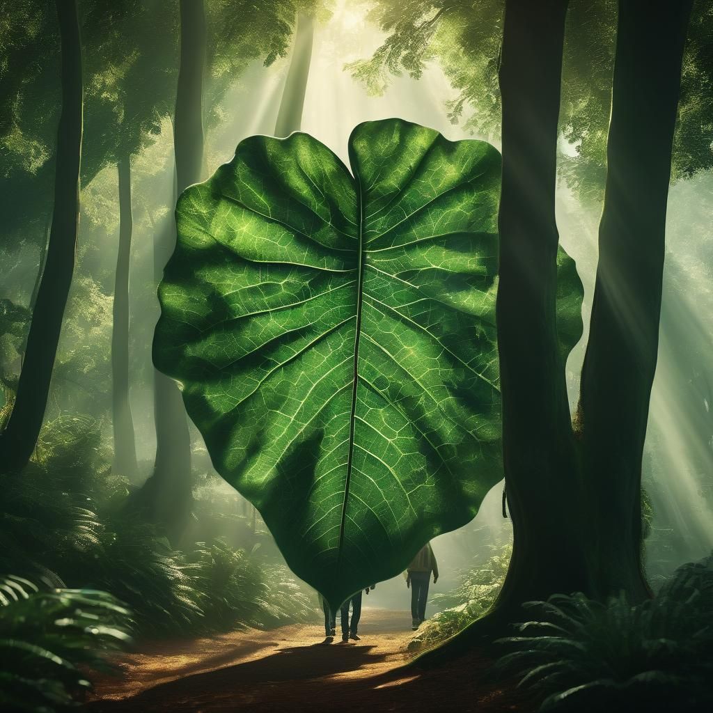 People Walking on Giant Leaf in Massive Tree