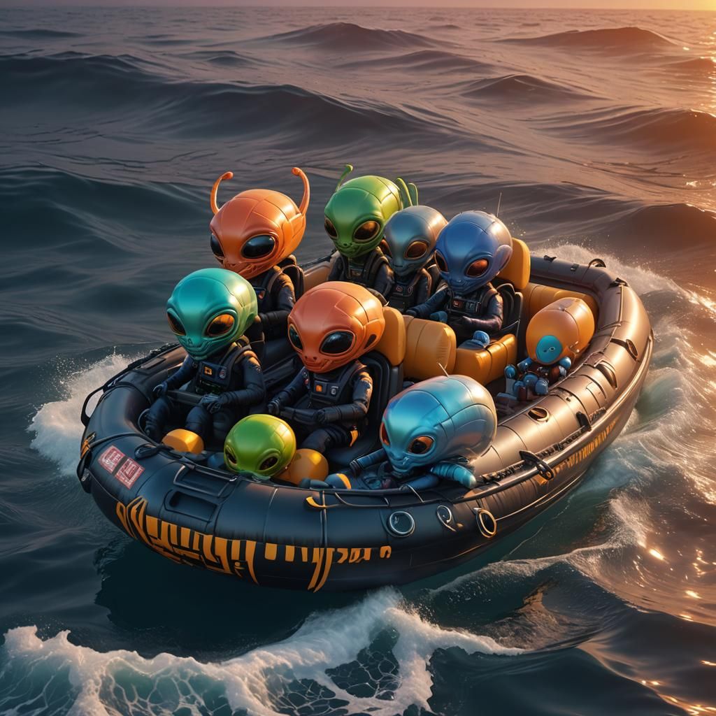 Cute aliens are sitting inside an inflatable life boat. Floa...