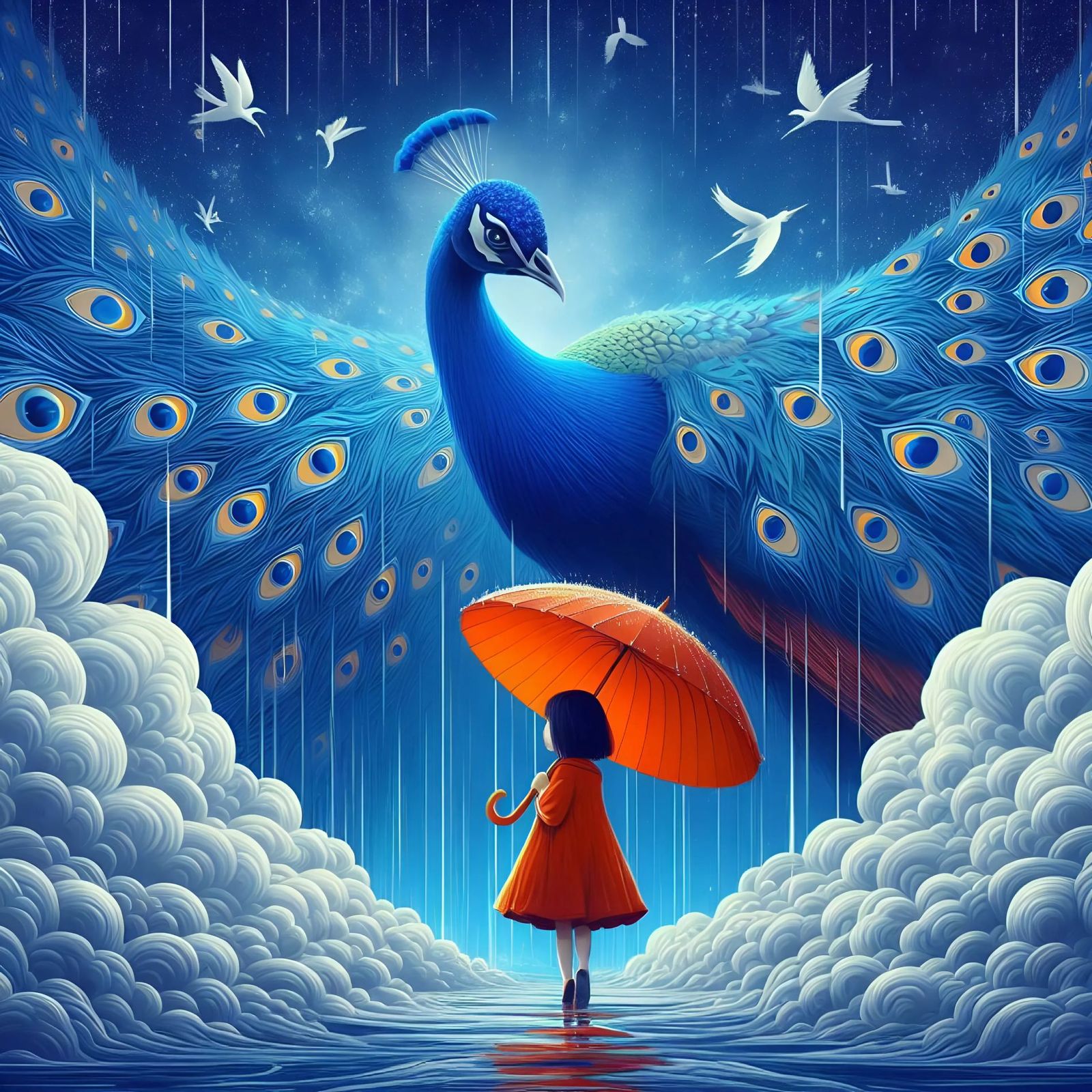 Peacock And A Girl With A Red Umbrella