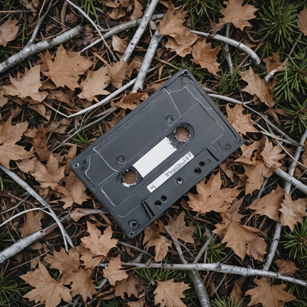 At night, top view of a video cassette tape with a white label on it, lying on a forest floor, strewn with pine needles and dry leaves, clos...