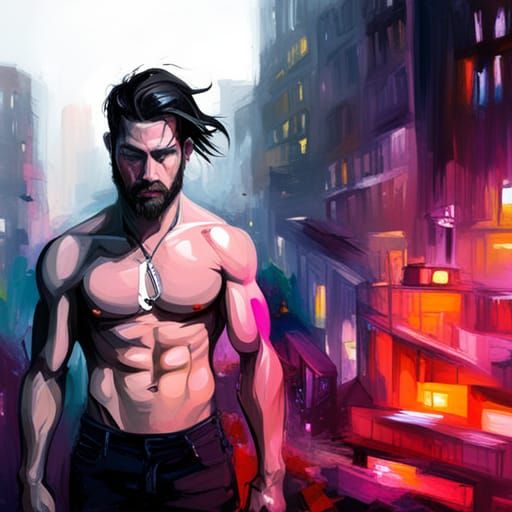 Cityscape Graffiti Art: Muscular Man with Metal Arms