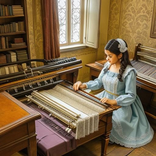 Highly Detailed Jacquard Loom making Damask in a Small Room