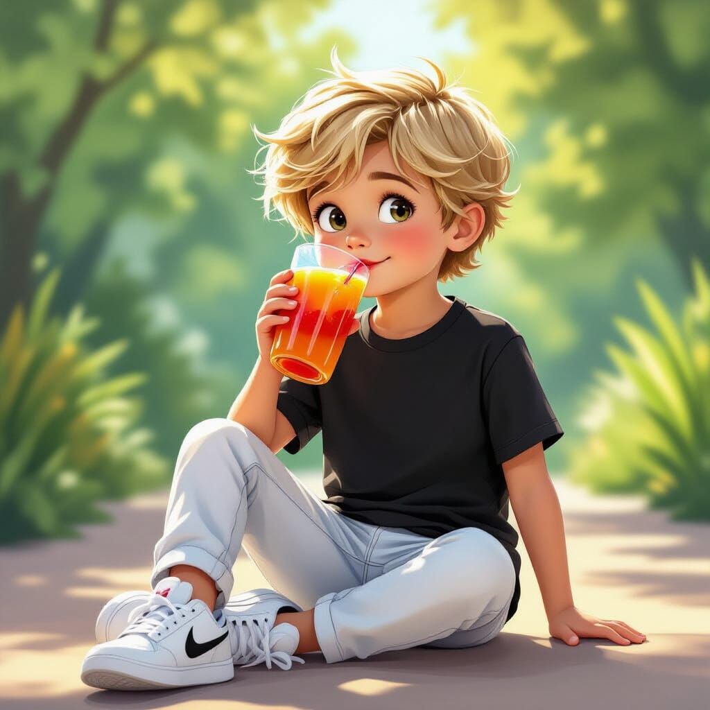 Blonde Boy Drinks Strawberry Banana Juice in Animation Style