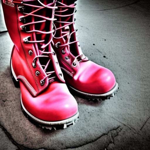 Full shot long shot wide shot tall pink steel toed work boot...