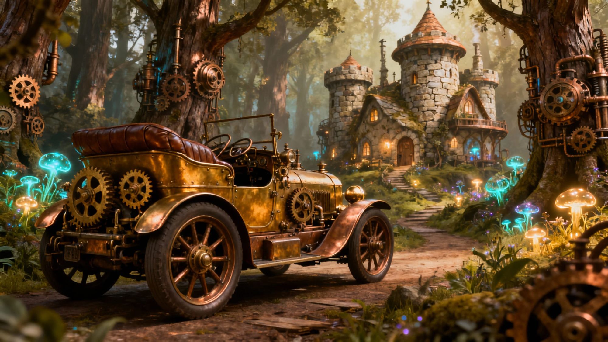 a steampunk car in a steampunk woods