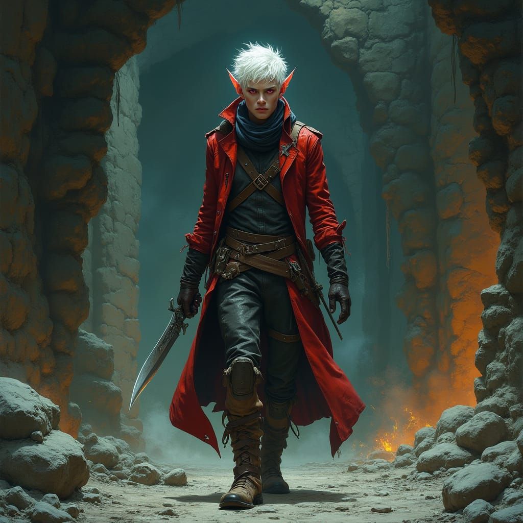 Male albino rogue elf with pink eyes white hair and red and black leather outfit carrying a dagger wanders lost in a forgotten underground c...