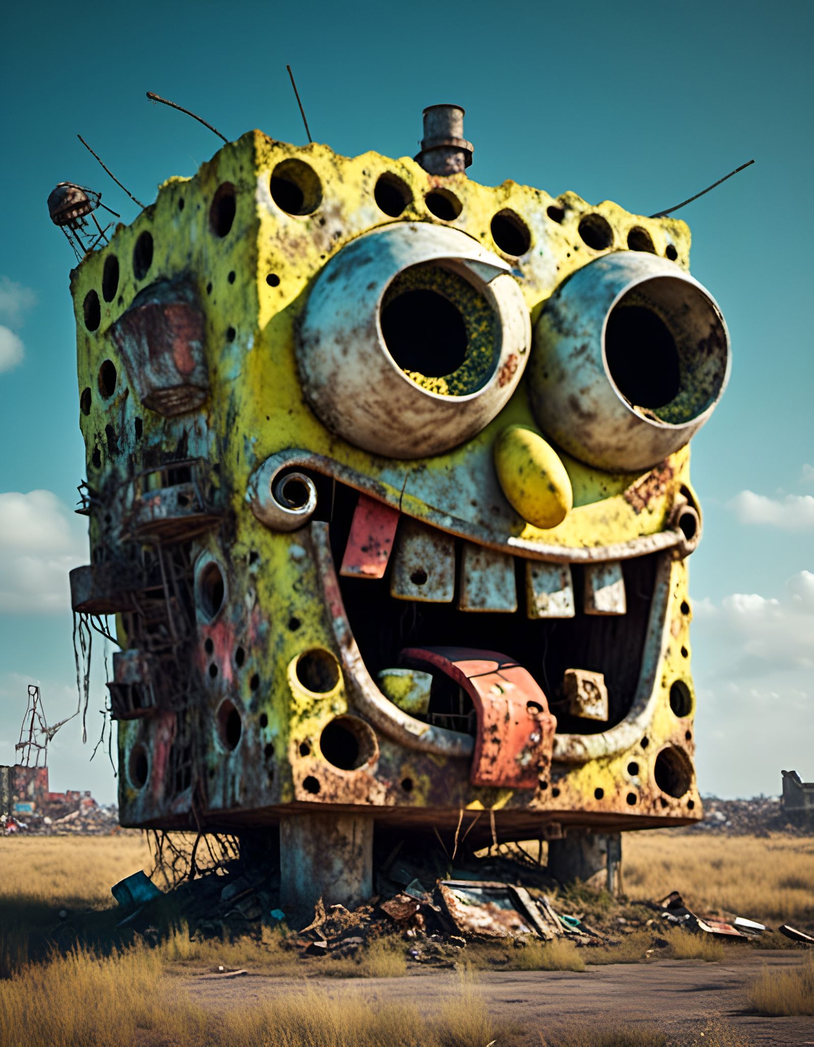 insanely detailed abandoned  spongebob head monument in dystopian post-apoclyptic future <lora:Dystopian:1.0>, urban contect, sharp focus, b...