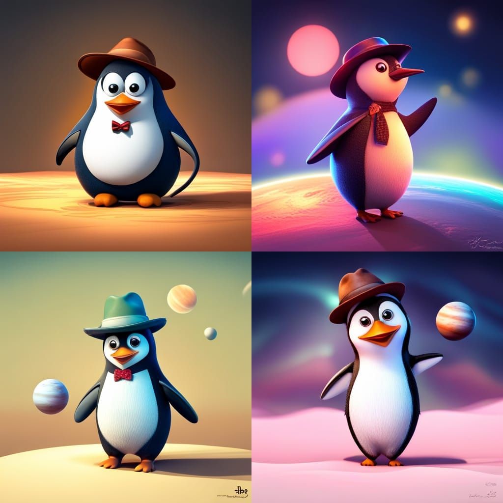 an adorable penguin who wears a fedora style hat. The atmosp...