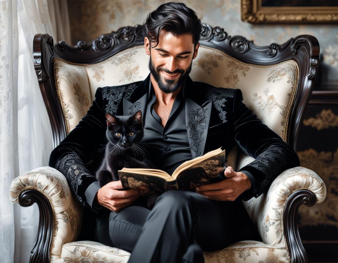 Handsome man in vintage black, comfortably reading a book.  by @Joris