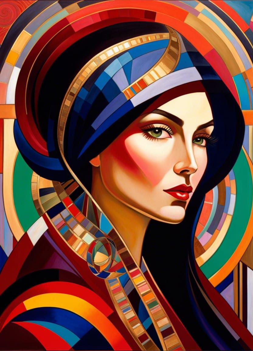 a woman portrait, by Joseph Stella, fantastic, Elaborate, Mythology, Amazing, Deep colors, Vibrant, Modern Art