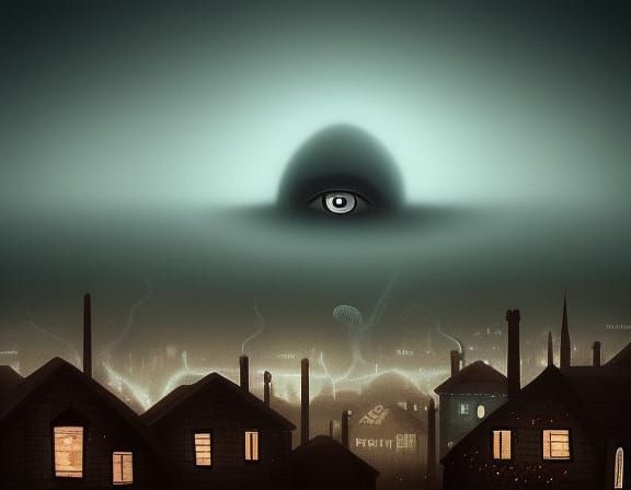 Dark skyline over small town. Thick fog. Gigantic, triangular entity hovering in the sky. One gigantic eye filled with c...