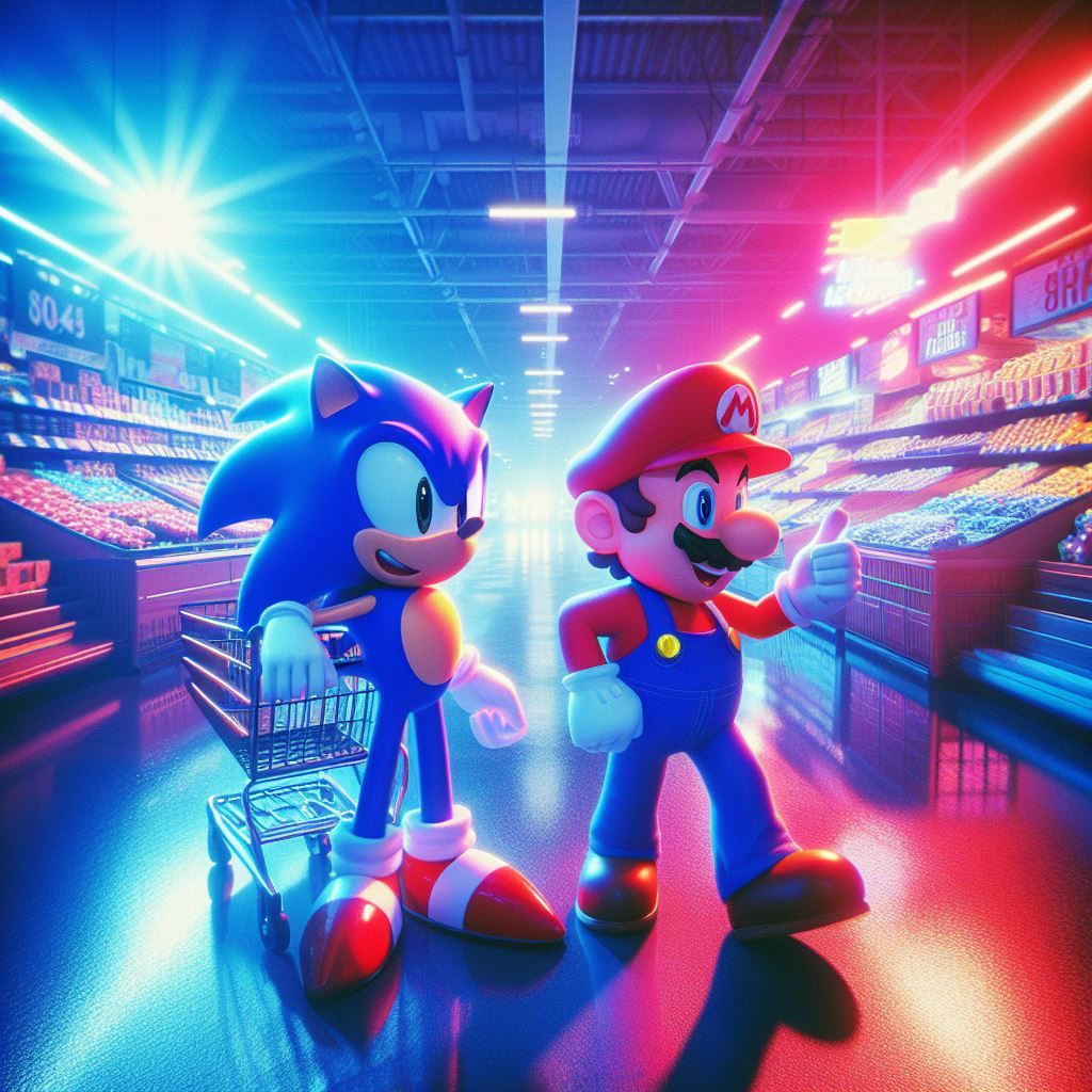 Sonic and Mario at the supermarket