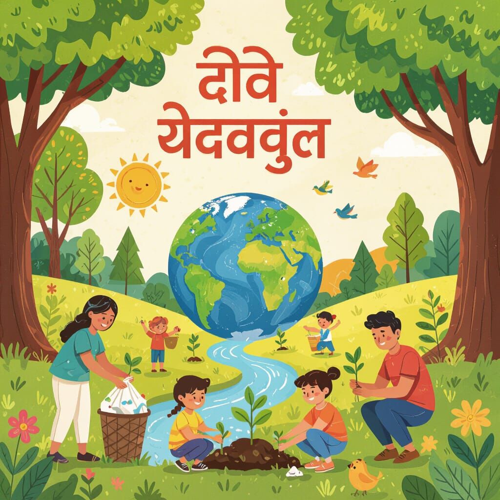 Vibrant Folk Art Poster: People Protecting Nature