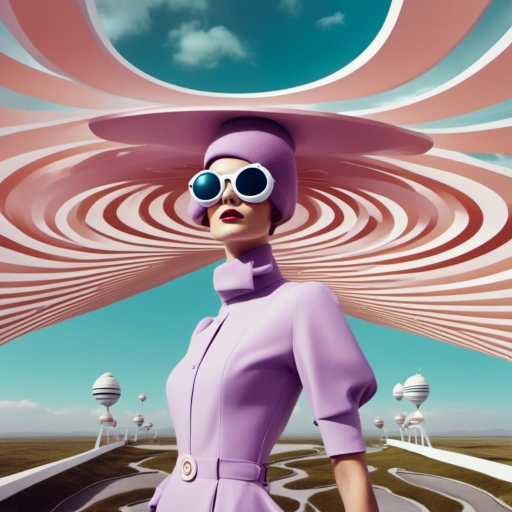 <lora:mdern01:1.0> front portrait Photography, 60's dark pastels colours,  in front of a large spiral flying saucer , a pop Courreges attrac...