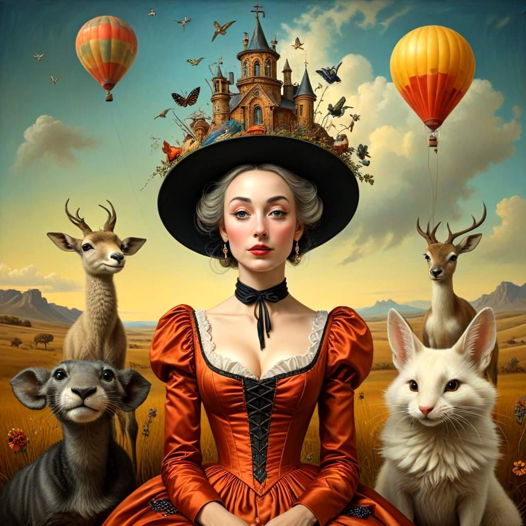 Charming Lady with Fantastic Animals in Surreal Setting