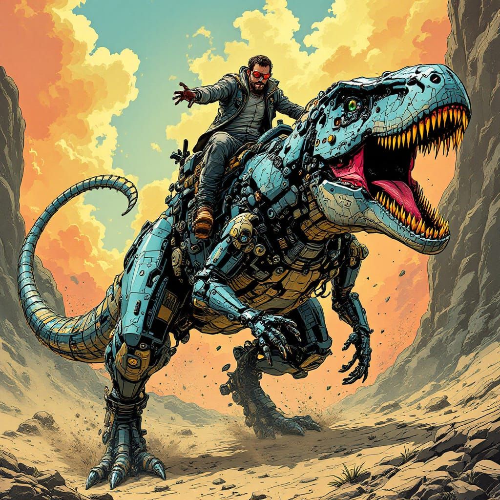 Comic book poster of Jurassicpunk man riding on the back of ...
