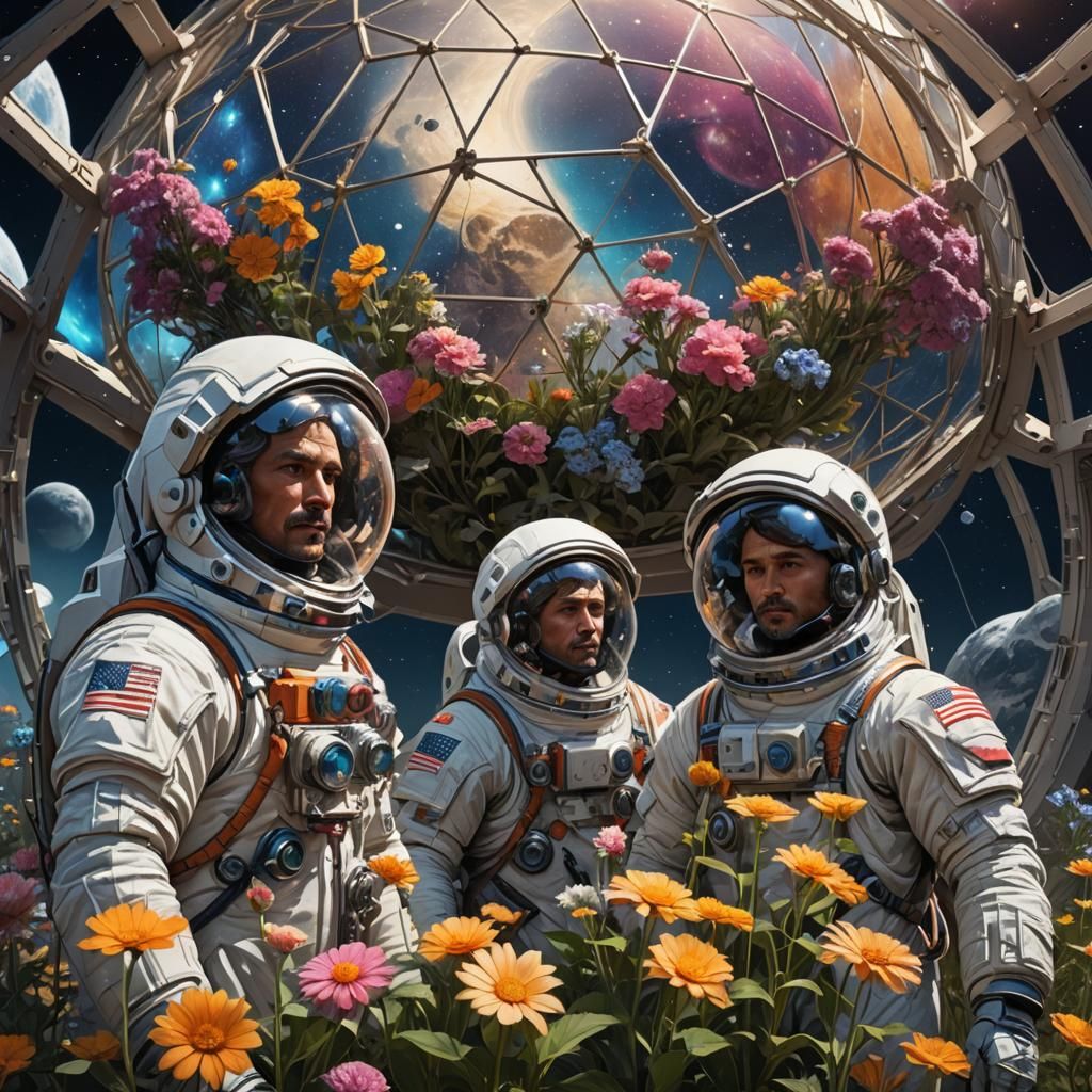 Three men in spacesuits tending to the flowers in a geodesic...