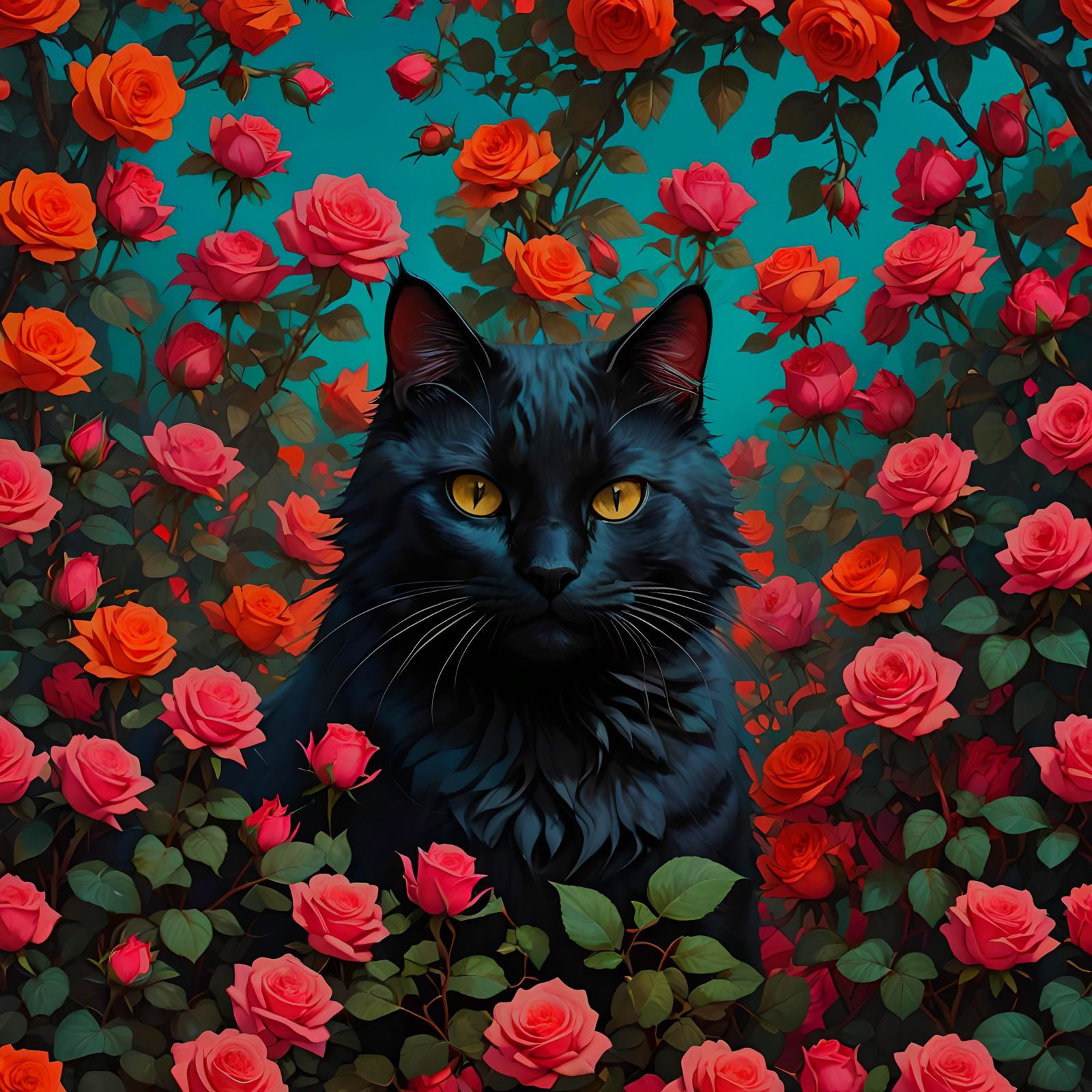 Black Cat Among Wild Roses in Hyperdetailed Style