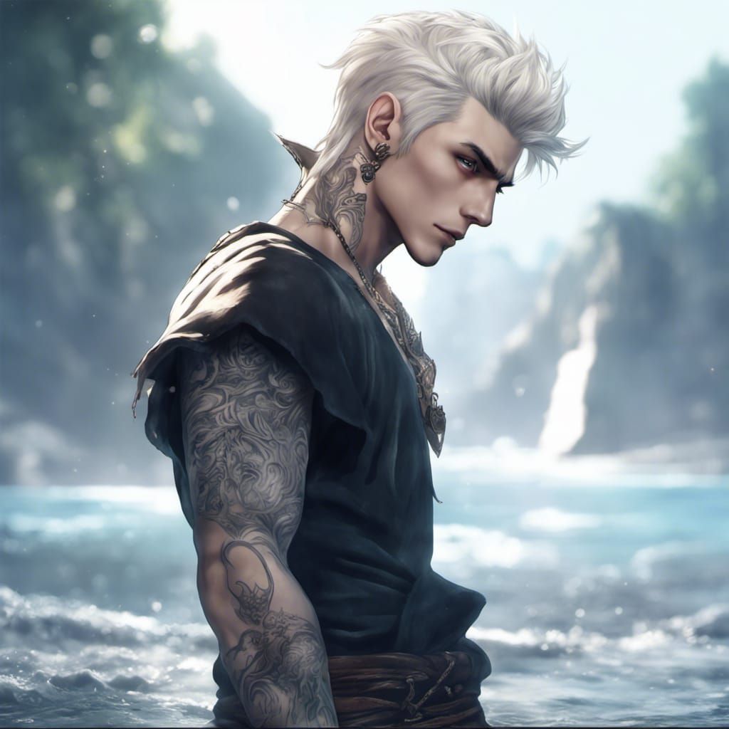 anime style. Elf Male, White shaggy hair, elf ears, muscular build, beautiful handsome face, sailor tattoos. Mysterious hyper-realism hyper-...