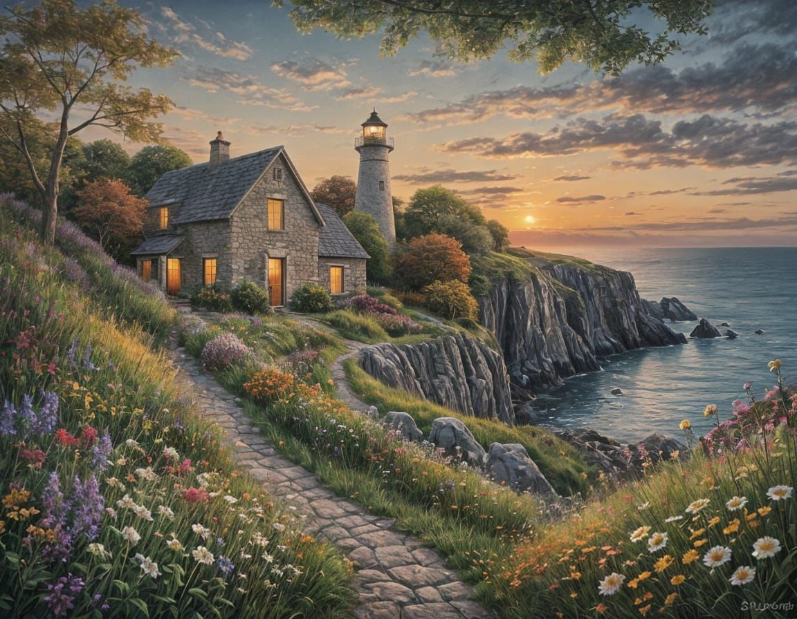 Chalk Sketch Farmhouse & Lighthouse at Dusk