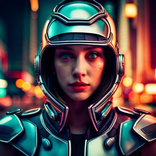 Portrait of a cyborg girl wearing futuristic face armor in a...
