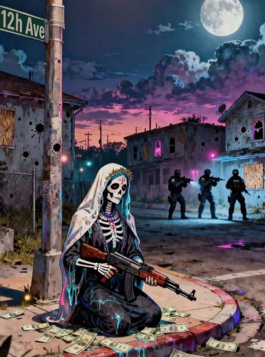 la Santa Muerte holding an ak47 kneeling in front of a street sign (W 12th Kalamath St) on the ground around the reaper a lot of cash. on the...