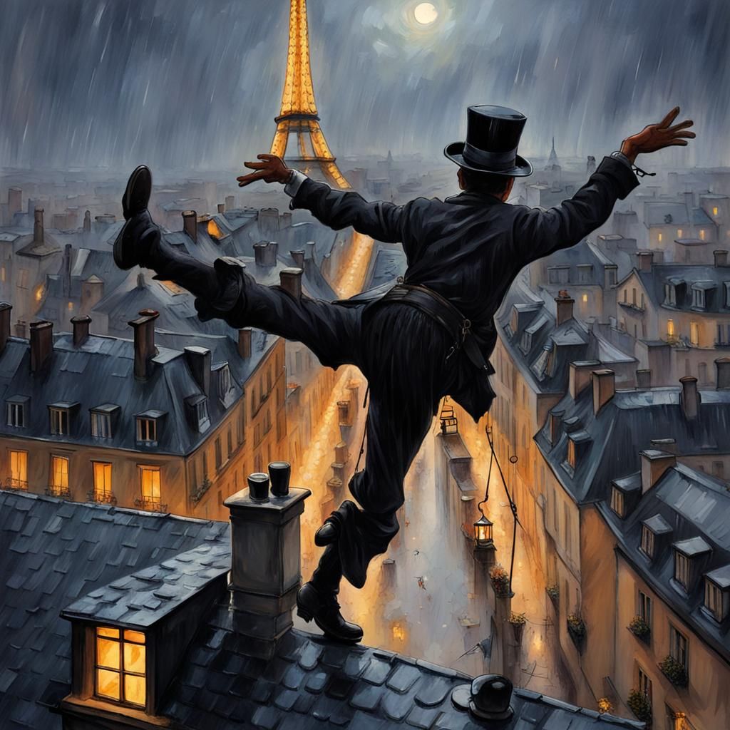 Chimney sweep dances above the rooftops of Paris   by @ales74
