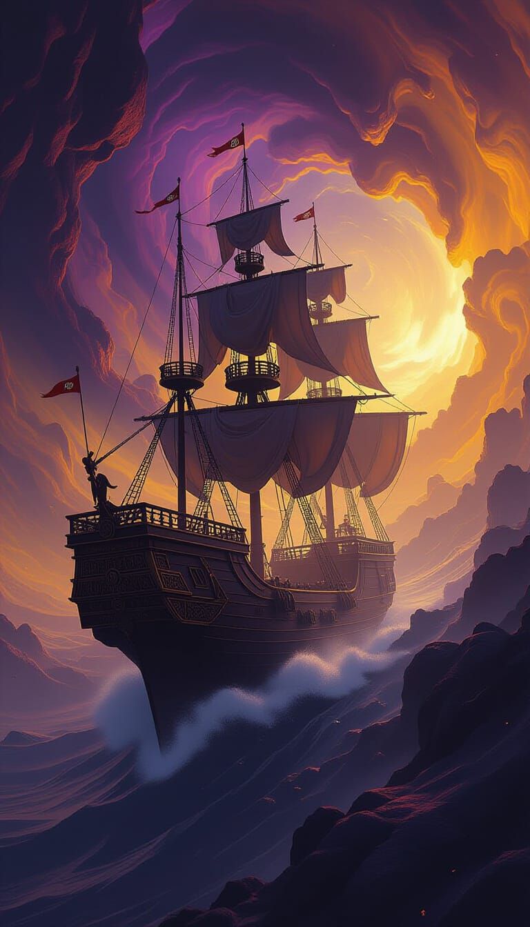 Ornate Ship in Nebula: Dark Fantasy Concept Art