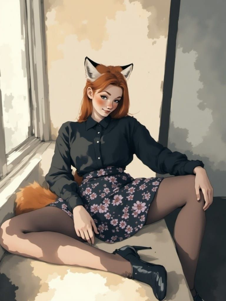 Fox-girl Vixen sitting near an apartment window 