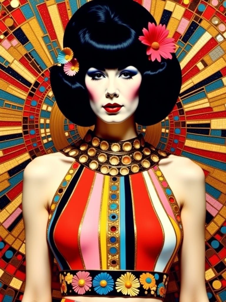 Mod Peggy Moffitt Twiggy 1960s fashion model photography mini skirts and gogo boots, groovy psychedelic kaleidoscope background autochrome <...