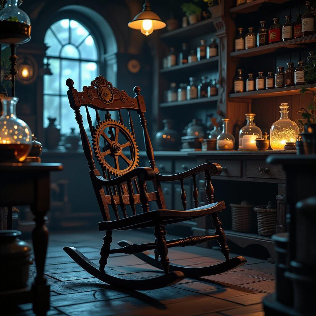 Steampunk Rocking Chair in Apothecary, Nostalgic Film Style