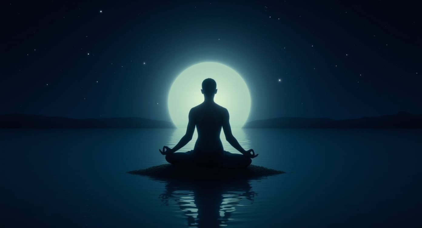 A character enveloped in a gentle, protective aura of light, sitting in a meditative pose on a floating ...  by @panju