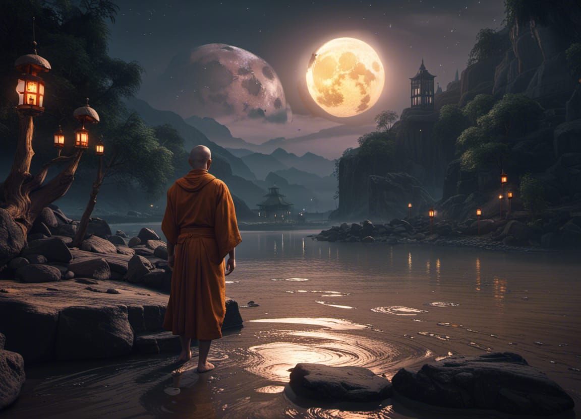 a monk by river in full moon night