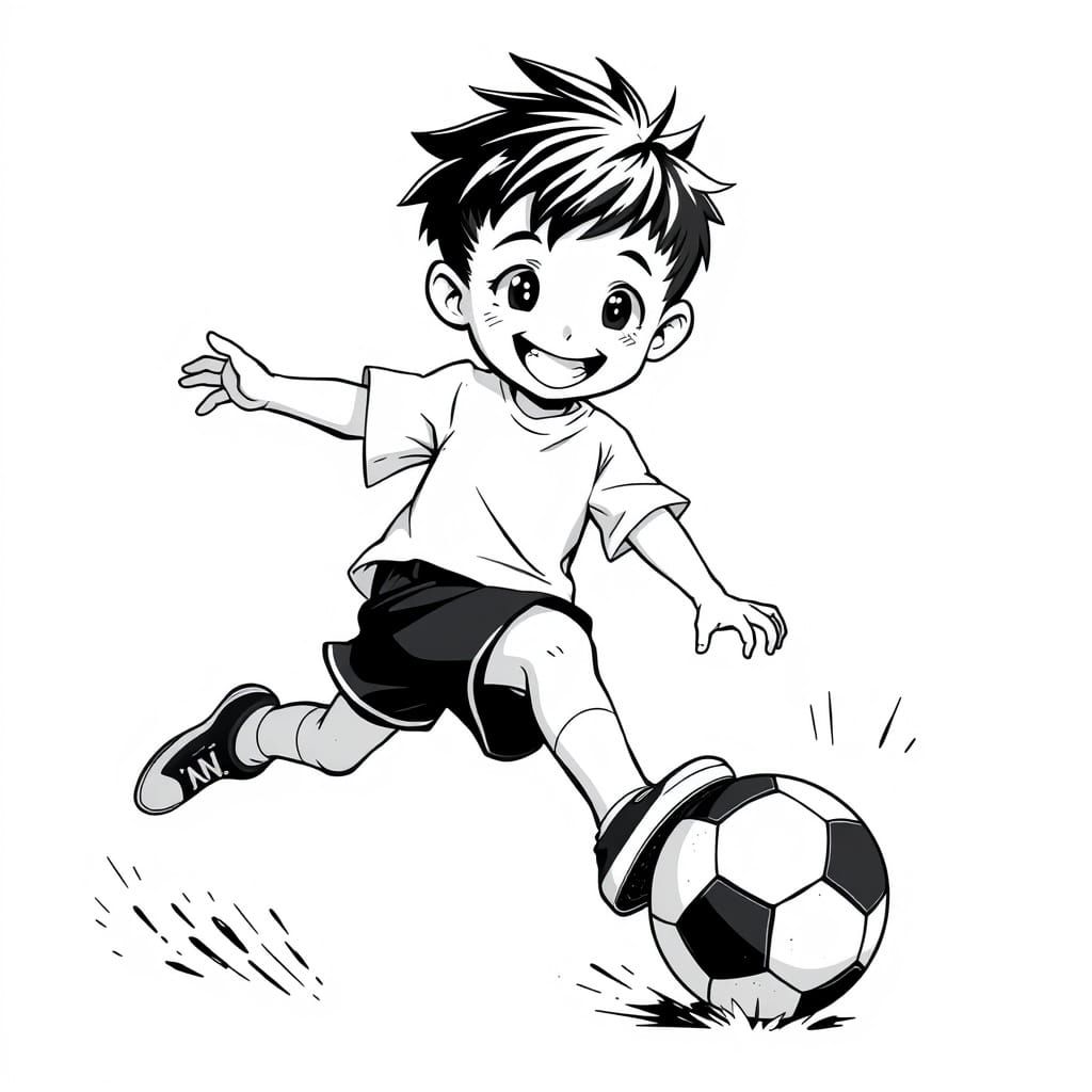 Happy Boy Kicks Soccer Ball in Classic Anime Style